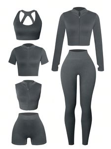Ensemble de yoga 2 pièces mauve : Crop top et leggings taille haute sans couture, dos nageur, décolleté en V profond, short uni en Spandex/Nylon respirant et élastique - Product Image 4