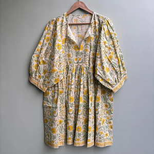 Robe décontractée pour femme, col en V, mi-longue, tissée, 100% coton, unie/à imprimé floral, doublure en coton, manches courtes, taille empire, style babydoll - Product Image 1