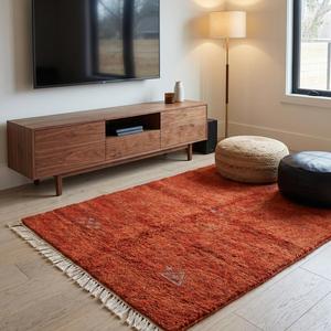 Premium Rust Red Hand Knotted Wool Area Rug Minimalist Floral Flat Pile Luxury Decorative Carpet with Fringe Tassels - Product Image 2