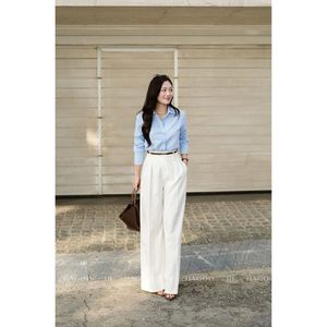 Pantalon tailleur femme Q766 taille haute élastique, coupe ample et large, idéal été, décontracté, pour le bureau ou les trajets quotidiens - Product Image 1