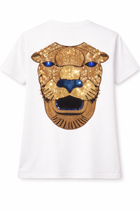 Camiseta Blanca Oversize para Hombre, Estilo Veraniego, con Estampado de León con Pedrería, Algodón, Estilo Urbano, Corte Holgado, Logotipo Personalizado, Último Diseño - Product Image 3