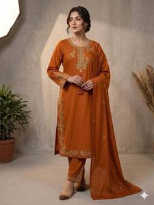 Conjunto Elegante de Salwar Kameez con Bordado Naranja, Túnica de Manga Larga, Pantalones Palazzo y Chal para Boda, Diwali, Traje Pakistaní e Indio - Product Image 2