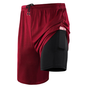 <b>Hot</b> Sale Fitness Double Layer Short Inner Compression <b>Red</b> Color Knee Length Soft Fabric Gym Breathable Shorts For Men's - Product Image 1