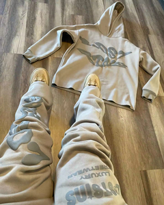 Conjunto Deportivo de Invierno para Hombre, Estilo Vintage, con Forro Polar, Sudadera con Capucha y Cremallera Completa, Logotipo Personalizado Impreso, Pantalones Deportivos con Diseño Gráfico 3D, 100% Algodón - Product Image 6