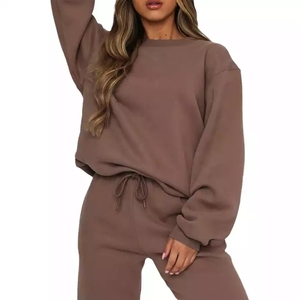 Women Solid Color <b>Tracksuit</b> Set Crew Neck Full Sleeve Loose Fit Sweatshirt And Pants With Drawstring Closure Autumn Casual Wear - Product Image 1