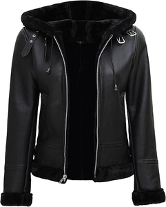 Veste de moto en cuir véritable pour femme avec capuche à fourrure, fermeture éclair, manches longues, couleur unie, coupe-vent pour l'hiver - Product Image 2