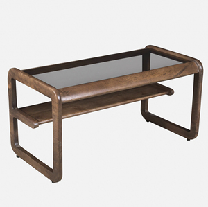Table basse moderne à deux niveaux pour salon, en bois de manguier massif avec plateau en verre combiné, bords légèrement courbés, finition Tubbag - Product Image 2