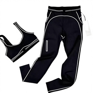 Ensemble de yoga 2 pièces pour femme, noir uni, soutien-gorge dos nageur, pantalon évasé taille haute, bordure contrastante, vêtements de fitness respirants - Product Image 1