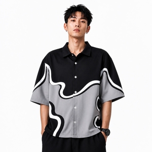 Men's Summer Casual Woven Breathable <b>Shirt</b> Short Sleeve Button Front <b>Geometric</b> Pattern Loose Fit Top OEM Custom Apparel Supply - Product Image 1