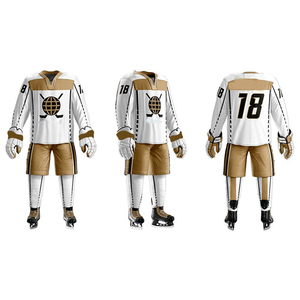 Ensemble d'uniformes de lacrosse personnalisés blanc et or, maillot de hockey, vêtements d'équipe, chemise à manches longues, shorts, gants, patins à glace - Product Image 5