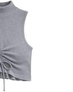 Top Corto Personalizado Gris Acanalado de Cuello Alto Sin Mangas con Cordón Ajustable y Fruncido Delantero, Ajuste Ceñido para Mujer - Product Image 3