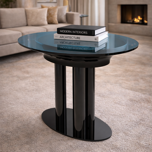 Table basse moderne noire sur piétement avec plateau rond en métal bleu et base sculpturale en colonne par Metal Drake pour salons contemporains - Product Image 2