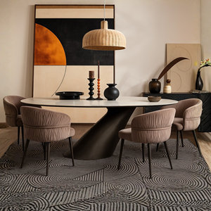 Ensemble de table à manger moderne avec 6 chaises rembourrées, plateau en marbre, base en métal noir, design mid-century pour meubles de maison - Product Image 1