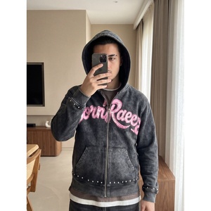 Men's Black and <b>Pink</b> Acid Wash Graphic Print Full Zip Up Hoodie Oversized Streetwear Fleece Sweatshirt with Custom Stud Detail - Product Image 4