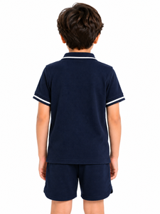Conjunto de Polo Azul Marino para Niños, Camiseta y Pantalones Cortos de Mezcla de Algodón Texturizado, Atuendo Combinado, Ropa Cómoda de Verano, Premium para Niños - Product Image 2