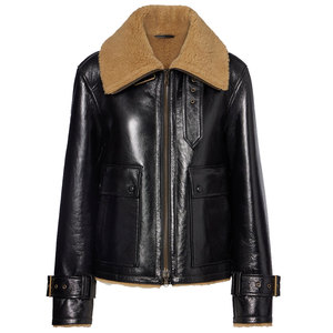 Women's Genuine Leather Bomber Jacket With Fur Collar <b>Zipper</b> Closure Full Sleeve Winter Coat Thick Windproof Shearling Lining - Product Image 1