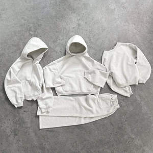 Ensemble de survêtement unisexe blanc à capuche, manches longues, couleur unie, décontracté, poches latérales, taille élastique, poids moyen, écologique, hiver - Product Image 1