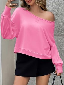 Sudaderas Lisas de Color Rosa, con Hombros Descubiertos, Talla Grande, Transpirables, para Primavera y Otoño, Estilo Urbano, Felpa Francesa, Sexy - Product Image 3