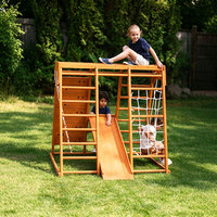 Cubo de Escalada Multifuncional Montessori de Madera con Tobogán, Red de Cuerdas y Barras de Escalada para Niños, Equipo de Juegos Interior