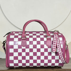 Western Pattern 2026 Pink & White Checkered Hand <b>Tooled</b> Genuine Cow <b>Leather</b> Speedy Bag Cowgirl Stylish Crossbody Duffel Bag - Product Image 5