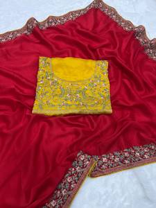 Sari de style indien ethnique pour mariage et festival, en soie Rangoli, brodé, avec Pallu C et travail Zari, broderie Farma, de créateur - Product Image 1
