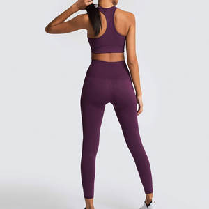 Ensemble de yoga sans couture avec logo personnalisé, 2 pièces, leggings taille haute et soutien-gorge de sport côtelé, vêtements de sport pour femmes, tenue de fitness pour la salle de sport - Product Image 2