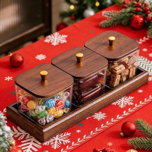 Trending Xmas Dried Fruit Serving <b>Tray</b> Square <b>Glass</b> Spice Organizer with Natural Wood Handle for Festive Holiday Banquets - Product Image 3