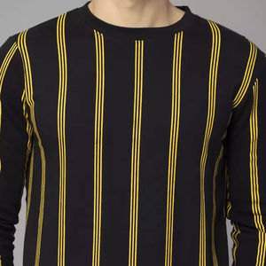 Pull décontracté tricoté à manches longues pour homme, rayé noir et jaune, col en V, 100 % coton respirant, idéal pour l'automne - Product Image 3