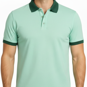 Polo de hombre verde menta de alta demanda, cuello en contraste verde bosque, corte ajustado, manga corta, para golf - Product Image 2