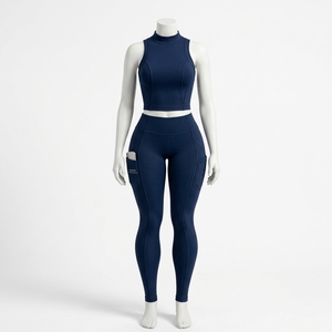 Conjunto de Yoga sin Mangas con Cuello Alto Azul Marino para Mujer, Leggings con Bolsillos de Cintura Alta, Ropa Deportiva para Gimnasio, Fitness y Entrenamiento, Conjunto de Dos Piezas - Product Image 1