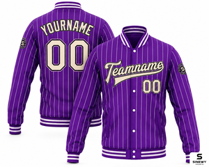 SINEWY SPORTS <b>Purple</b> Pinstripe Front Team Patch <b>Varsity</b> <b>Jacket</b> Men's Custom Name Number Baseball Style Autumn Wear 100% Cotton - Product Image 1