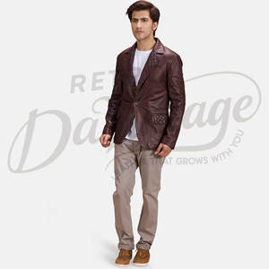 Chaqueta de Cuero Marrón de Lujo para Hombre, con Solapa Acolchada de Diamantes, Corte Entallado, Piel de Oveja Genuina, Elegante Abrigo Casual de Negocios - Product Image 4