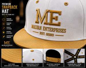 Casquette Snapback Malvan Enterprises blanche à 6 panneaux, réglable, style sportif unisexe, logo brodé 3D, maille - Product Image 3