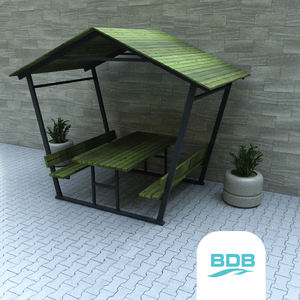 Banc de pique-nique extérieur moderne et durable avec toit, en bois massif et structure métallique en pin, avec parasol - Product Image 1