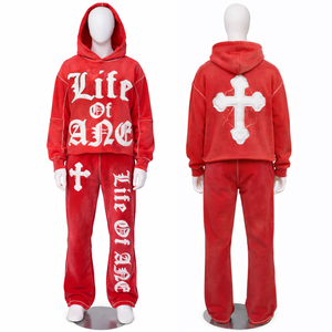 ชุดเซ็ตเสื้อฮู้ดดี้ครอปและกางเกงขายาวทรงบานผ้าฟลีซเทคนิคแบบเต็มตัวสีพื้นสำหรับฤดูหนาว พร้อมดีเทลปะติดแบบดิสเทรสและฟอกสีแบบแอซิดวอช - Product Image 1