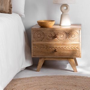 Carved Midcentury Modern Style Mango Wood <b>Nightstand</b> with 2 Drawers for Bedroom and Living Room Home Furniture From Rajasthan - Product Image 1