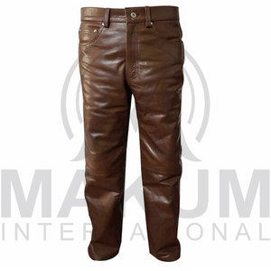 Pantalon en cuir marron pour homme, sur mesure, taille haute, coupe droite, fermeture boutonnée, style motard - Product Image 2
