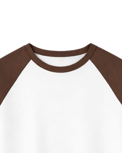 T-shirt à manches longues raglan personnalisé marron et blanc pour homme, en coton, décontracté, col rond contrastant, style baseball, fabricant et fournisseur OEM - Product Image 5