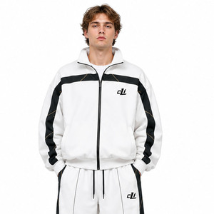 Sweat-shirt oversize à col montant avec panneau contrastant personnalisé, sweat à capuche zippé intégral, pantalon de survêtement large en molleton épais, ensembles décontractés - Product Image 3