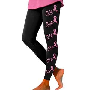Splendid Apparel High Waist Full Length <b>Leggings</b> Spandex/Nylon <b>Pink</b> Ribbon Glitter Print Breast Cancer Awareness <b>Women's</b> Sporty - Product Image 4