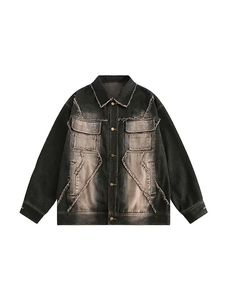 Chaqueta de Mezclilla Negra, Corte Ajustado, Cuello Camisero, Acabado Lavado, Detalles Deshilachados, Estilo Casual, Patrón de Letras, Logotipo Frontal, Ropa de Otoño - Product Image 4