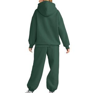 Ensemble de survêtement à capuche pour femme, couleur unie, manches longues, décontracté, respirant, coupe ample, 100 % coton, poids moyen, pantalon de jogging pour l'automne - Product Image 2