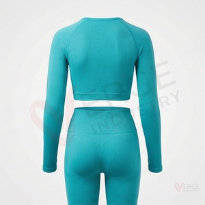 Ensemble de yoga 2 pièces pour femmes, haut court côtelé à manches longues bleu turquoise et leggings taille haute - Product Image 2