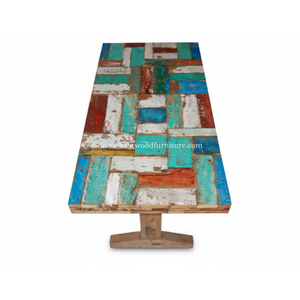 Mesa de Bar de Madera Reciclada de Barco con Tapa de Retazos Estilo Anders, Sistema de Patas Desmontable, Color Rústico Sostenible, Mueble de Pub Original - Product Image 3