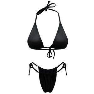 Women's Solid <b>Black</b> Two Piece Bikini Set Lace Up <b>String</b> Swimwear Tie Side Bottoms Stretch Spandex Nylon Swimsuits - Product Image 5