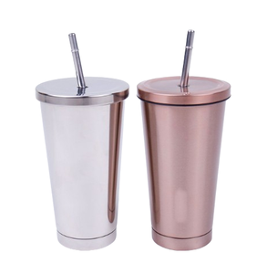 Gobelet isotherme portable en acier inoxydable finition argent et or rose, écologique, avec paille, pour cocktails, café, restaurant – Milk Mint Julep - Product Image 1