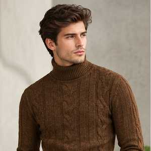 Pull en laine classique marron à col roulé en maille torsadée pour homme, coupe ample, manches longues, idéal pour l'hiver et le quotidien - Product Image 2