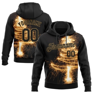 Vente en gros directe, Nouveau design industriel, Sweat à capuche pour homme, noir et or vieilli, avec broderie personnalisée 3D motif sapin de Noël et feux d'artifice - Product Image 1