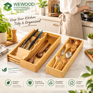 WEWOOD Premium Solid Wood Modern Luxury Multifunction Adjustable <b>Drawer</b> Organizer <b>Tray</b> Kitchen Utensils Expandable Storage - Product Image 2