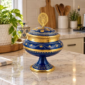 Cremeras de Latón Esmaltado Azul con Tapa Floral Dorada y Base de Pedestal para Decoración de Mesa de Lujo, Regalos y Suministro al por Mayor - Product Image 3